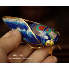 北京特色工艺品（库存老货）铜胎掐丝珐琅景泰蓝银蓝知了摆件收藏