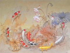 吴文健老师精品油画。吴文健：“因为在中国自古以来鱼和莲花都是代表着吉祥。鱼寓意富余，富贵，中国人都希望年年有余，工作生活如鱼得水。莲花代表着美好圣洁的事物，清净不染。