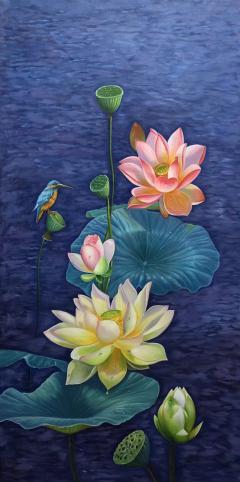 油画，荷莲翠鸟，60x120cm