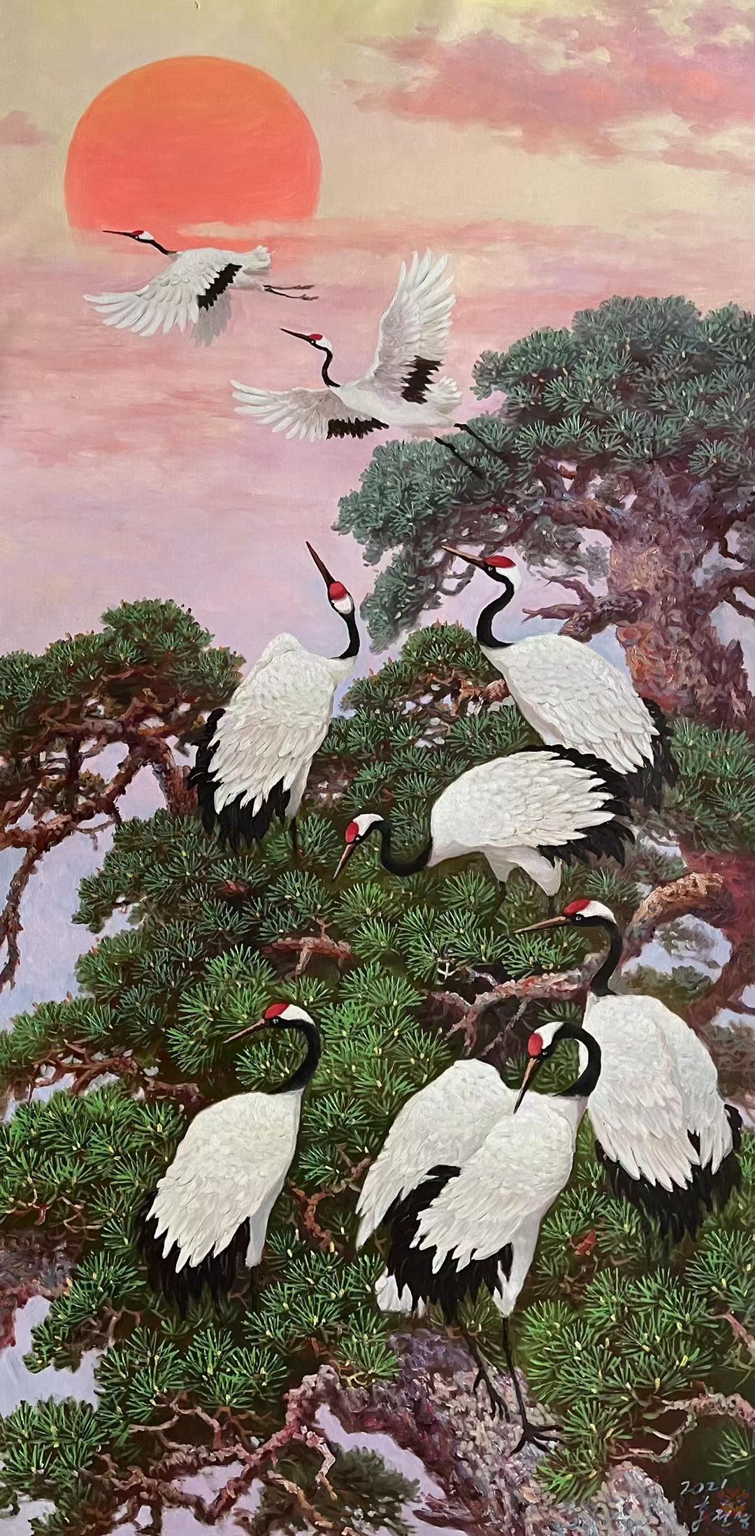 朝鲜竖幅玄关油画 200-90厘米 松鹤延年
