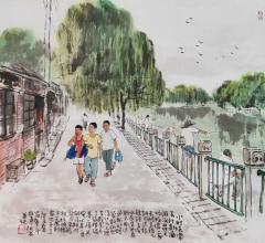 北京四季分明，发几幅只有夏天才能干的:游泳、捉蛐蛐儿、上城外护城河玩，下雨了出来打伞玩、雨后叠小船、雨后在湿土地上玩刀子分地、还有就是能吃西瓜和冰棍了。 ——张石，50x50cm