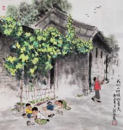北京四季分明，发几幅只有夏天才能干的:游泳、捉蛐蛐儿、上城外护城河玩，下雨了出来打伞玩、雨后叠小船、雨后在湿土地上玩刀子分地、还有就是能吃西瓜和冰棍了。 ——张石，50x50cm