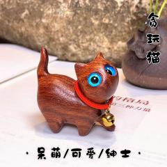 手工雕刻可爱檀木小猫咪贪玩好奇猫自信猫创意木雕萌宠儿童手把件
