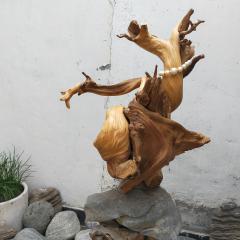 精品崖柏摆件,镇宅神木,扭曲瘤花,象形舞神,书画家笔挂珠宝架,高约60厘米,重约30斤。一面看像挺肚守门大将军,另一面看像迎宾的童子,威风与喜悦并存。买后不寄垫台石。